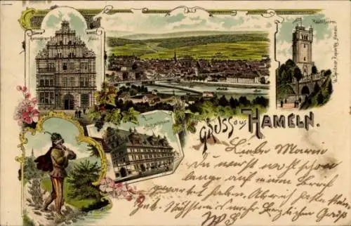 Litho Hameln an der Weser Niedersachsen, Totale, Klütturm, Hochzeitshaus, Rattenfängerhaus