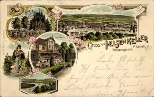 Litho Hameln in Niedersachsen, Gasthaus Felsenkeller, Totalansicht, Rattenfänger