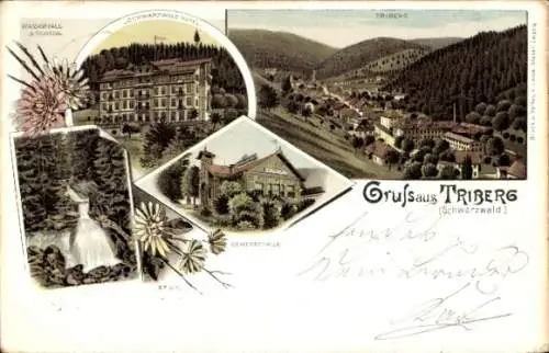 Litho Triberg im Schwarzwald, Schwarzwald Hotel, Gewerbehalle, Wasserfall, Totalansicht