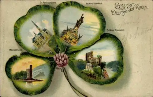 Kleeblatt Litho Rüdesheim am Rhein, Niederwald Nationaldenkmal, Rochuskapelle, Schloss Rheinstein