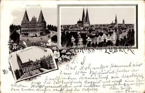 Litho Lübeck in Schleswig Holstein, Marktplatz, Holstentor, Gesamtansicht