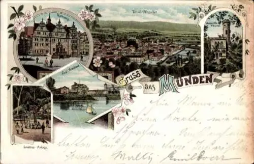 Litho Hann. Münden in Niedersachsen, Totalansicht vom Ort, Rathaus, Forstakademie, Aussichtsturm