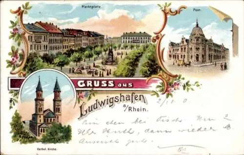 Litho Ludwigshafen am Rhein, Katholische Kirche, Post, Marktplatz