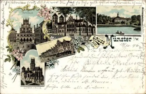 Litho Münster in Westfalen, Rathaus, Dom, Bogenhäuser, Ludgerikirche, Schloss