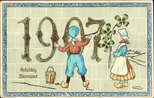 Glückwunsch Neujahr Jahreszahl Ak 1907, Klee, Kinder in Tracht