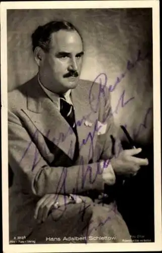 Ak Schauspieler Hans Adalbert Schlettow, Portrait, Pfeife, Autogramm