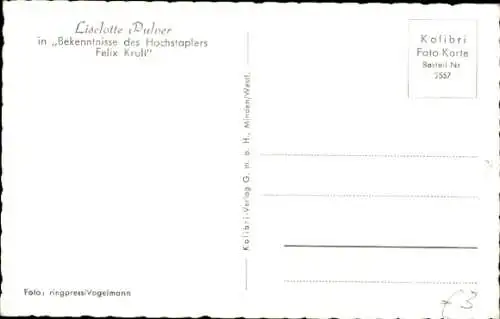 Ak Schauspielerin Liselotte Pulver, Portrait, Autogramm, Bekenntnisse des Hochstaplers Felix Krull