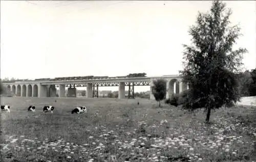 Foto Ak Deutsche Eisenbahn, Güterzug auf einer Brücke