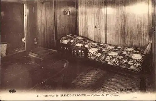 Ak Interior of Ile de France, 1. Klasse Kabine, French Line, CGT