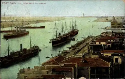 Ak Port Said Ägypten, Gesamtansicht, Kanalblick, Dampfer