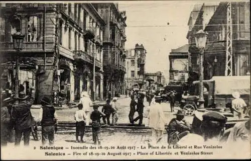 Ak Saloniki Thessaloniki Griechenland, Feuer 1917, Freiheitsplatz, Venizelos-Straße