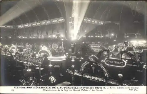 Ak Automobil-Ausstellung Paris 1907, Grand Palais, Ausstellungspalast, beleuchtete Stände, Renault