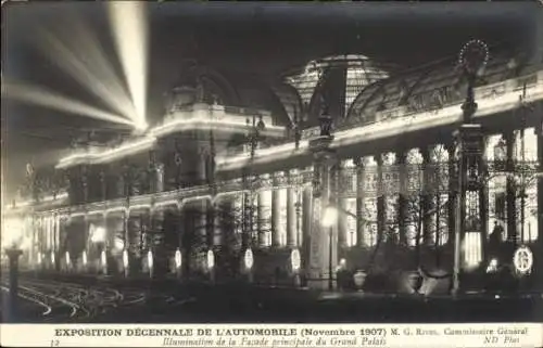 Ak Automobil-Ausstellung Paris 1907, Grand Palais, Ausstellungspalast, Fassadenbeleuchtung