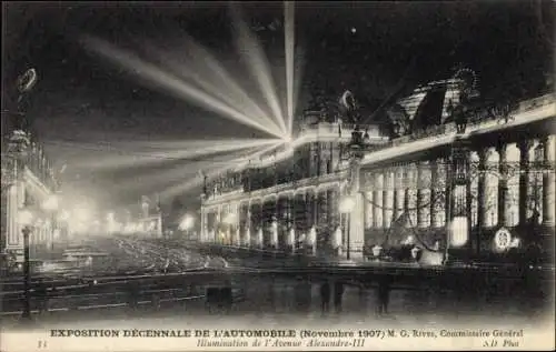 Ak Automobil-Ausstellung Paris 1907, Grand Palais, Avenue Alexandre III, Fassadenbeleuchtung