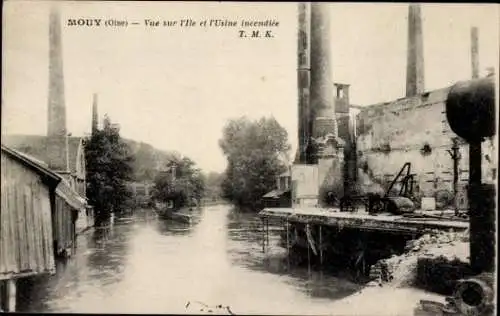 Ak Mouy Oise, Vue sur l'Ile et l'Usine incendiee