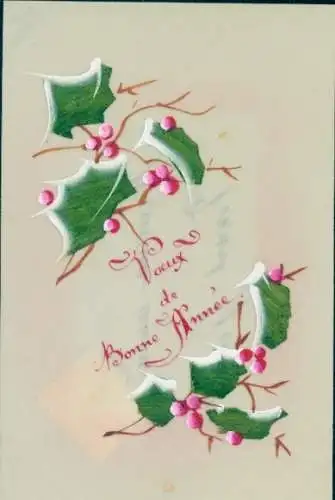 Handgemalt Zelluloid Ak Glückwunsch Neujahr, Stechpalme