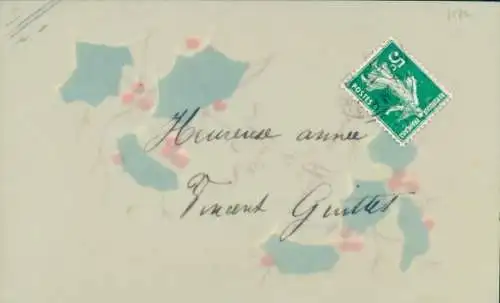 Handgemalt Zelluloid Ak Glückwunsch Neujahr, Stechpalme