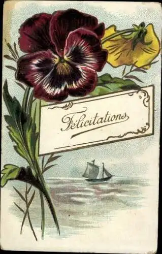 Präge Ak Segelboot, Stiefmütterchen, Kitsch