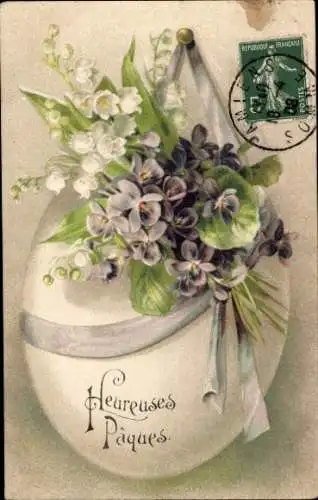 Präge Ak Glückwunsch Ostern, Osterei, Veilchen, Maiglöckchen