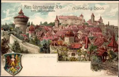 Künstler Ak Sollmann, Nürnberg vom Hallertor gesehen, Mars-Fahrradwerke AG Nürnberg Doos, Wappen