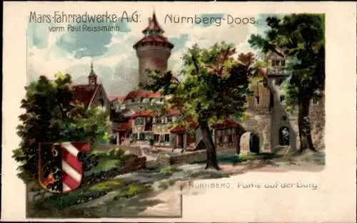 Künstler Ak Sollmann, Nürnberg, Burg, Mars-Fahrradwerke AG Nürnberg Doos, Wappen