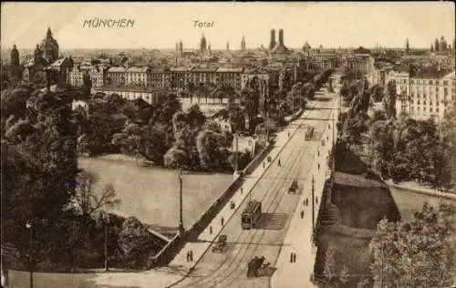 Ak München, Gesamtansicht, Brücke, Straßenbahn