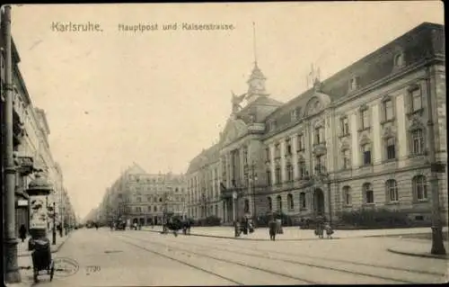 Ak Karlsruhe in Baden, Hauptpost, Kaiserstraße, Schienen, Pferdekutsche, Litfaßsäule