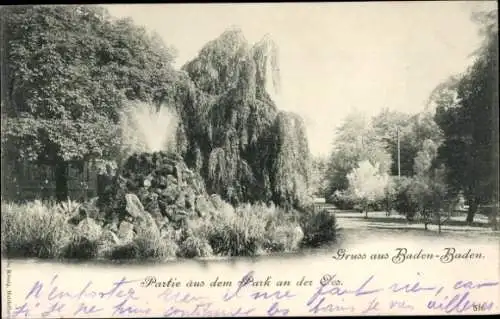 Ak Baden Baden am Schwarzwald, Park, Teilansicht, Wasserfontäne