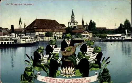 Ak Konstanz am Bodensee, Teilansicht, singende Frösche, Seerose, Spruch, Cello