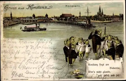 Litho Konstanz am Bodensee, Stadtansicht, vermenschlichte Frösche, Chor