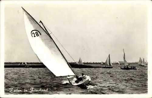 Ak Friesland Niederlande, Segelpartie, Segelboot Nr. 28