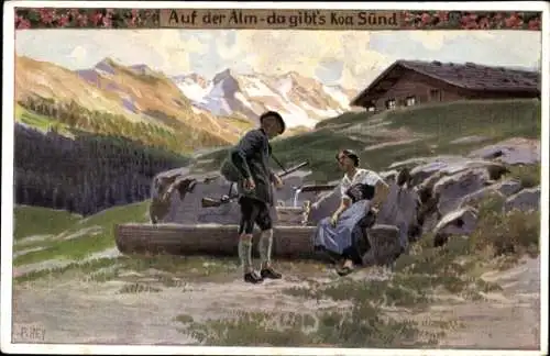 Lied Künstler Ak Hey, Paul, Volkslied Auf der Alm da gibt's koa Sünd, Volksliederkarte Nr. 90