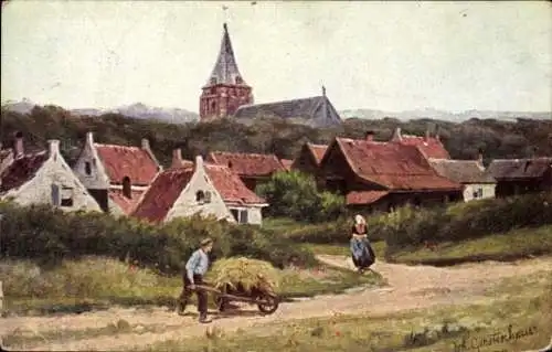 Künstler Ak Gerstenhauer, J. G., niederländisches Dorfmotiv, Mann mit Heuwagen, Kirche