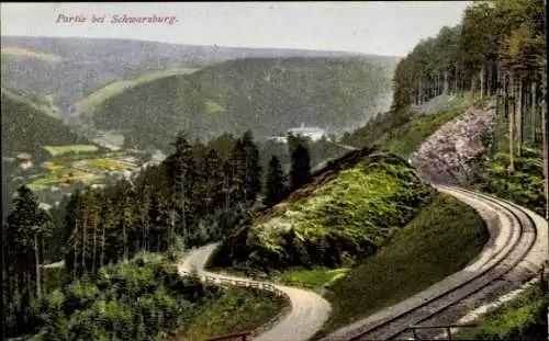 Ak Schwarzburg in Thüringen, Panorama, Gleise