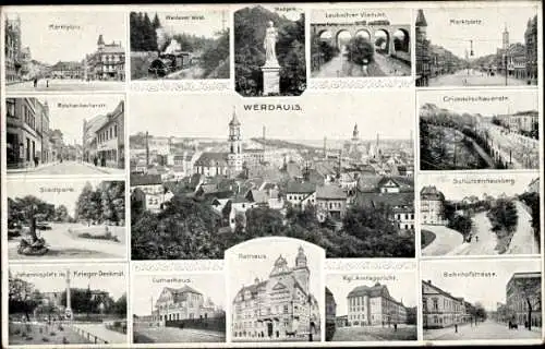 Ak Werdau in Sachsen, Schützenhausberg, Rathaus, Amtsgericht, Marktplatz, Bahnhofstraße, Viadukt