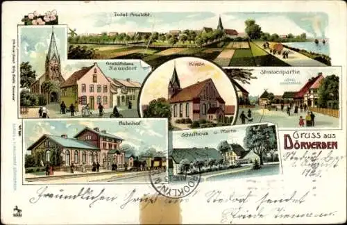 Litho Dörverden in Niedersachsen, Kirche, Schulhaus, Pfarre, Bahnhof, Geschäftshaus Naundorf