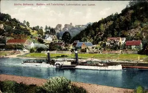 Ak Rathen an der Elbe Sächsische Schweiz, Dampfer, Talwächter, Lokomotive, Lamm