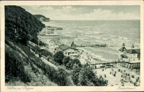 Ak Sellin auf Rügen, Badestrand, Seebrücken