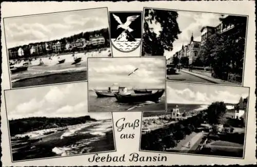 Ak Ostseebad Bansin Heringsdorf auf Usedom, Strand, Boote, Wappen, Promenade, Straße