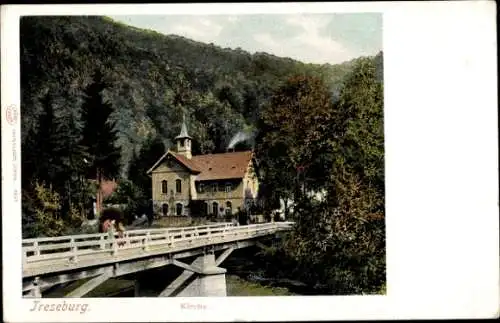 Ak Treseburg Thale im Harz, Kirche, Holzbrücke