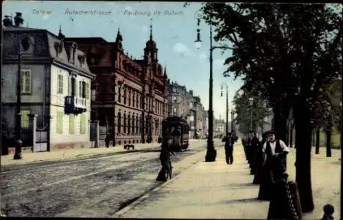 Ak Colmar Kolmar Elsass Haut Rhin, Rufacherstraße, Straßenbahn