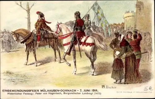 Künstler Ak Becker, Dornach Mulhouse Mülhausen Elsass Haut Rhin, Eingemeindungsfeier 1914, Landvogt