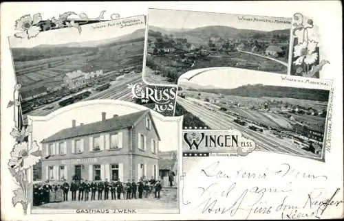 Ak Wingen sur Moder Wingen Elsass Bas Rhin, Bahnhof Gleisseite, Gasthaus J. Wenk