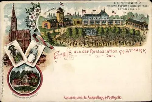 Litho Straßburg Elsass Bas Rhin, Industrie und Gewerbe-Ausstellung 1895, Restauration zum Festpark