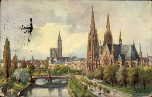 Künstler Ak Strasbourg Straßburg Elsass Bas Rhin, Garnisonskirche, Münster, Brücke