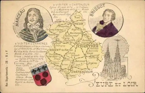 Ak Châteaudun Eure et Loir, Kathedrale, Wappen, Landkartenausschnitt, Portraits, Marceau, Brissot