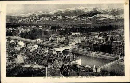 Ak Grenoble-Isère, Die alten Viertel und die Alpen