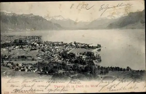 Ak Vevey Kt. Waadt Schweiz, Blick auf den Ort, Dent du Midi, Genfersee