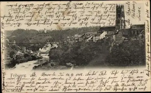 Ak Fribourg Freiburg Stadt Schweiz, Teilansicht, Fluss, Kirche