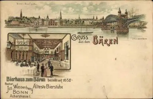 Litho Bonn am Rhein, Bierhaus zum Bären, Acherstraße 1, Stadtpanorama von Beuel gesehen